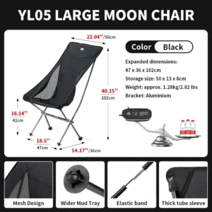 Naturehike-كرسي تخييم خفيف قابل للطي ، حمولة عالية ، بناء سريع ، كرسي حديقة ، خارجي ، قابل للطي ، شاطئ ، نزهة ، كرسي القمر<span> - </span>l-black