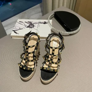 Rivet Wedges Women Sandals Open Toe Ankle Buckle Strap Ladies Platform Wedges Sandals High Heels Roman Rattan Grass Woven Shoes