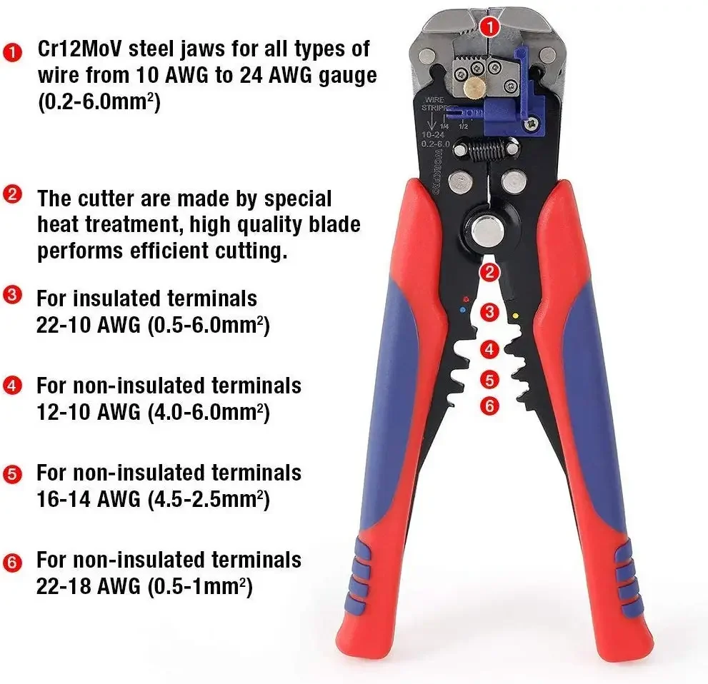 WORKPRO 8" Crimper Cable Cutter Automatic Wire Stripper Multifunction Pliers for Wire Stripping Crimping Terminal 0.2-6.0mm² - الصورة 3