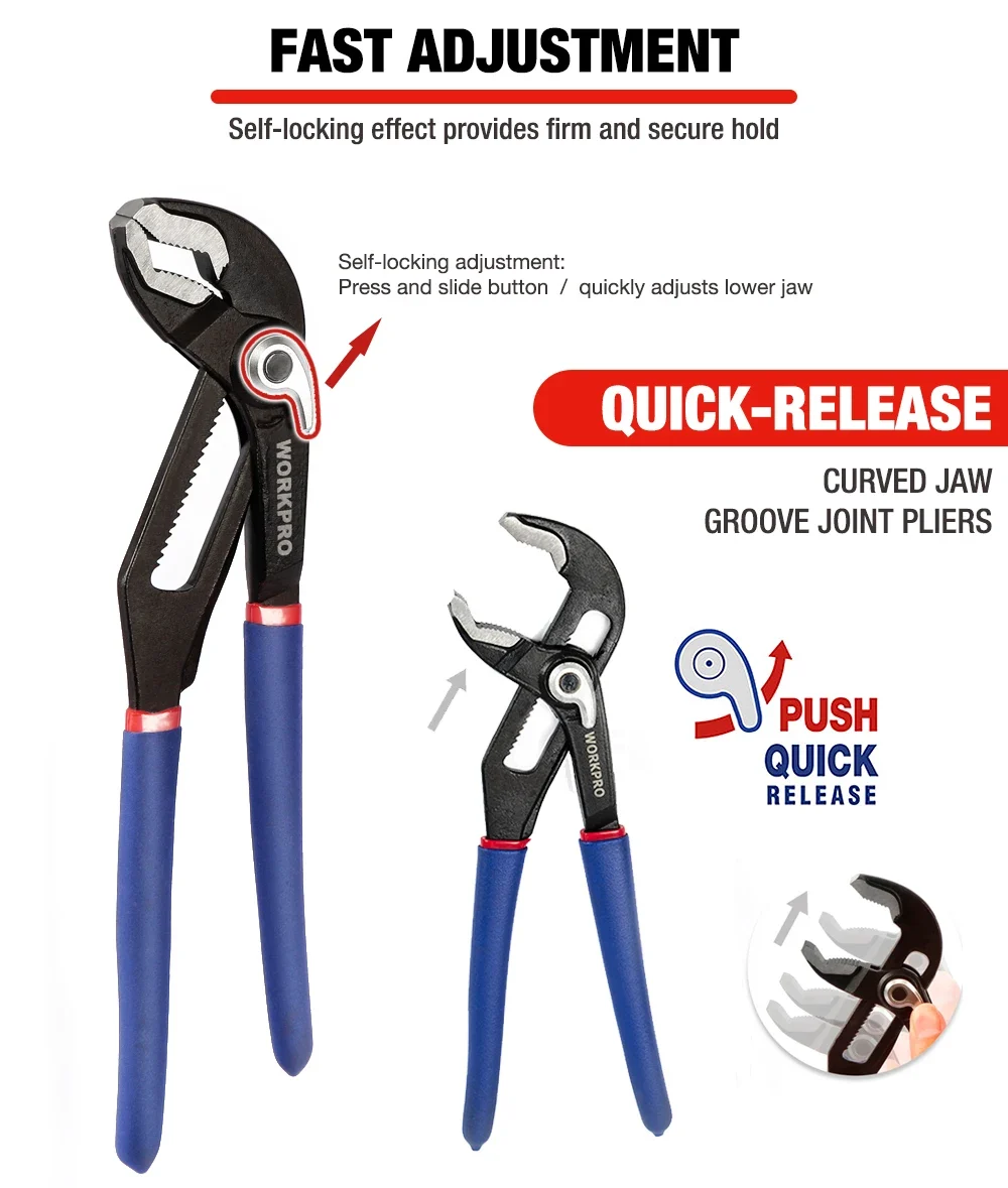 WORKPRO 8" 10" Water Pump Pliers Quick-release Plumbing Pliers Straight Jaw Groove Joint Plier Set - الصورة 2