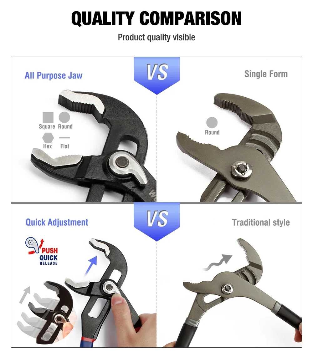 WORKPRO 8" 10" Water Pump Pliers Quick-release Plumbing Pliers Straight Jaw Groove Joint Plier Set - الصورة 4