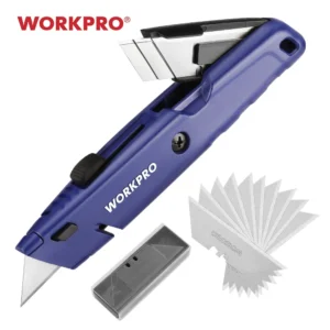 WORKPRO Quick Change Utility Knife With Storage Blue Retractable Box Cutter 10pcs SK5 Extra Blades Included<span> - </span>Blue