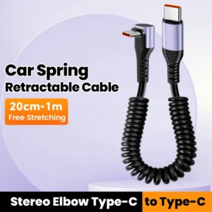 Spring Retractable Cable USB Type C 6A 66W Fast Charging 90 Degree Type C To USB C Cable For iphone Android CarPlay Data Cord<span> - </span>Type C To Type C, 0.2m-1m