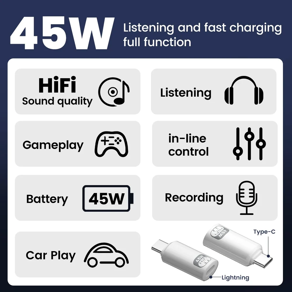 Lightning To USB Type C Adapter Support Call Music Recording Carplay 45W Fast Charging Data Transfer Type C To Lightning Adapter - الصورة 2