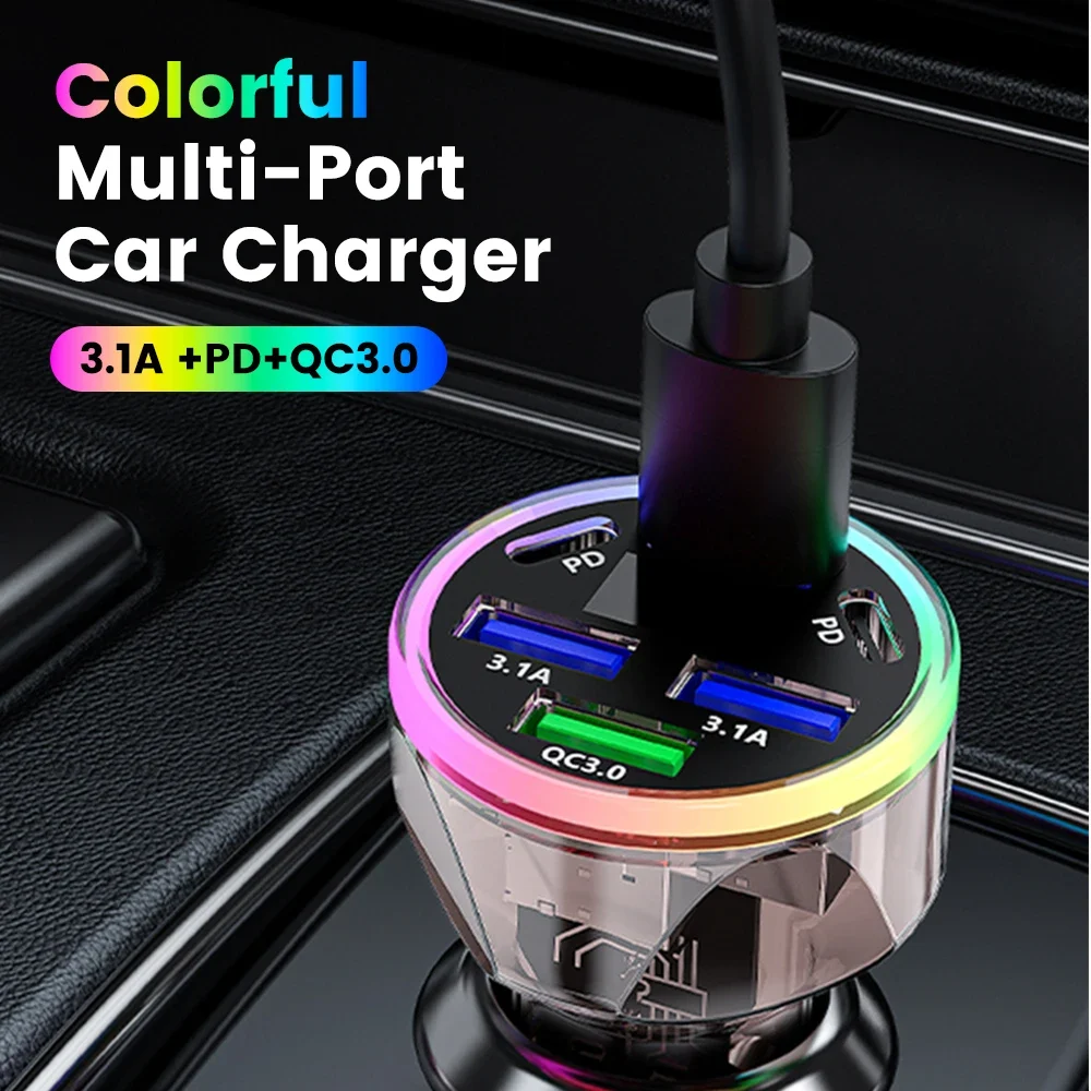 6 Ports Car USB Charger Type C PD QC 3.0 Super Fast Charging Phone Car Charger Digital Display For iphone Android 4 USB+2 USB C - Image 2