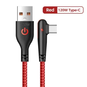 90 Degree USB Type C Cable Fast Charging 120W USB A To USB C Cable For Xiaomi Huawei Samsung Elbow Game Type C Charger Data Cord<span> - </span>Red, 2m
