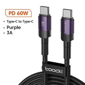 Toocki USB Type C To Type C Cable 100W/66W Fast Charging For Samsung Xiaomi Huawei Macbook Tablet Phone Data Cable USB C To C<span> - </span>Purple 60W, 2m