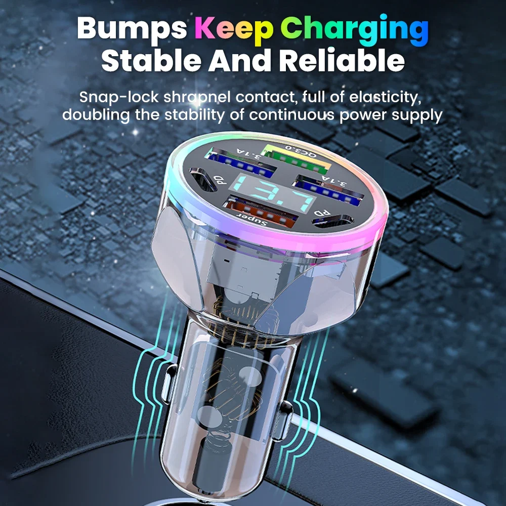 6 Ports Car USB Charger Type C PD QC 3.0 Super Fast Charging Phone Car Charger Digital Display For iphone Android 4 USB+2 USB C - Image 5