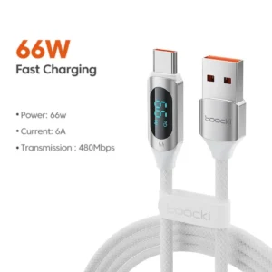 Toocki Digital Display USB Type C To USB C Cable 5A Fast Charging Data USB A To C Cable With Chip C Type Mobile Phone Cord 1M 2M<span> - </span>USB A To Type C 66W-94, 1m