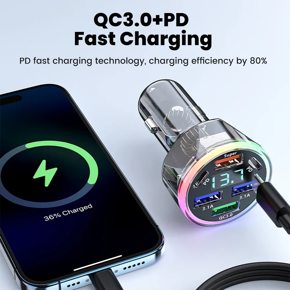 6 Ports Car USB Charger Type C PD QC 3.0 Super Fast Charging Phone Car Charger Digital Display For iphone Android 4 USB+2 USB C - Image 4