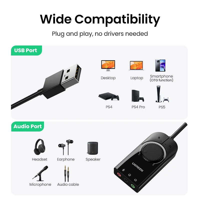 UGREEN Sound Card USB Audio Interface External 3.5mm Microphone Audio Adapter Soundcard for PC Laptop PS4 Headset USB Sound Card - الصورة 3