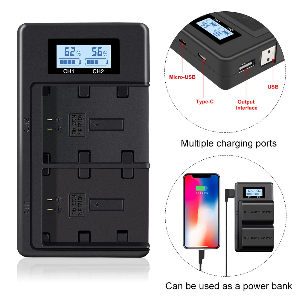 PALO NP-FZ100 FZ100 NPFZ100 LCD Dual Slot USB Battery Charger for Sony A9 A7R A7 III ILCE-9 ILCE9 ILCE-7RM3 ILCE-7M3 MarkIII - الصورة 2