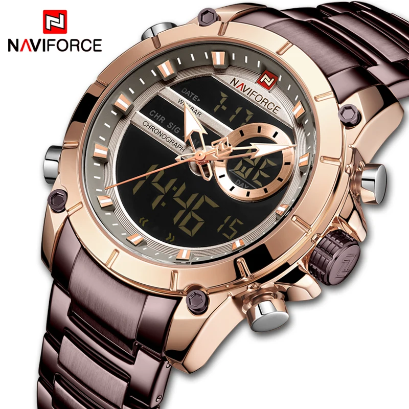 NAVIFORCE Top Luxury Men's Luxury Sports Military Watch All Steel Waterproof Shi Ying Digital Double Display Clock Relogio Mascu