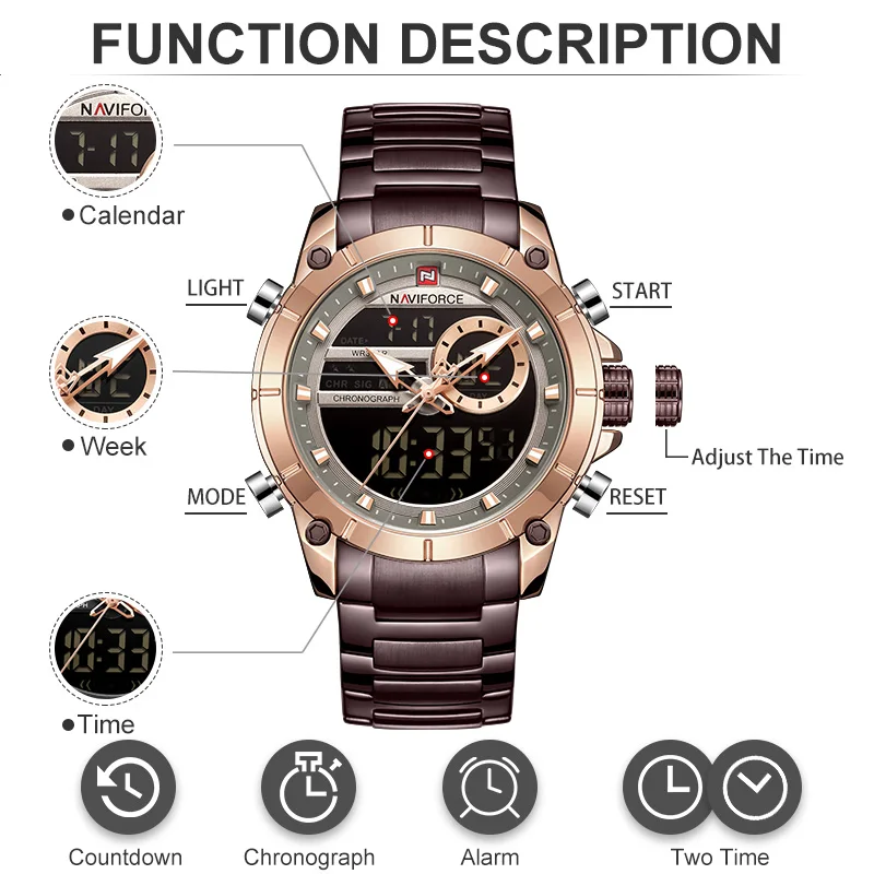 NAVIFORCE Top Luxury Men's Luxury Sports Military Watch All Steel Waterproof Shi Ying Digital Double Display Clock Relogio Mascu - الصورة 4