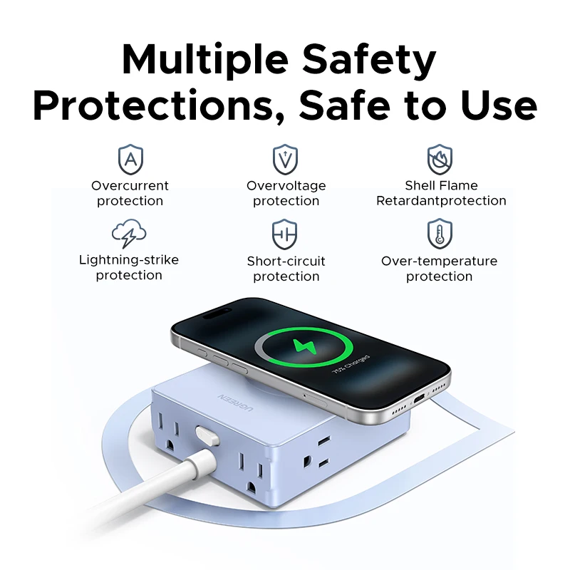 UGREEN Qi2 Certified 15W Magnetic Wireless Charger US Plug Power Strip With 2A2C&4AC Magsafe iPhone 17/16 Pro Max MacBook Pro - الصورة 6