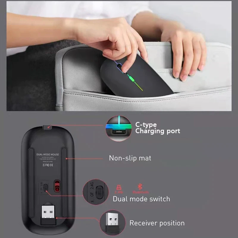 Wireless Bluetooth Mouse 2.4G Dual Modes Rechargeable Mice RGB Ergonomic Silent Click Mouse For PC Computer iPad Laptops 3600DPI - الصورة 6