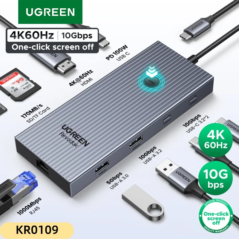 UGREEN USB HUB 9-in-1 4K60Hz HDMI PD100W RJ45 SD/TF USB3.2 Gen2 10Gbps for Laptop Accessories Dell MacBook HP Splitter Docking