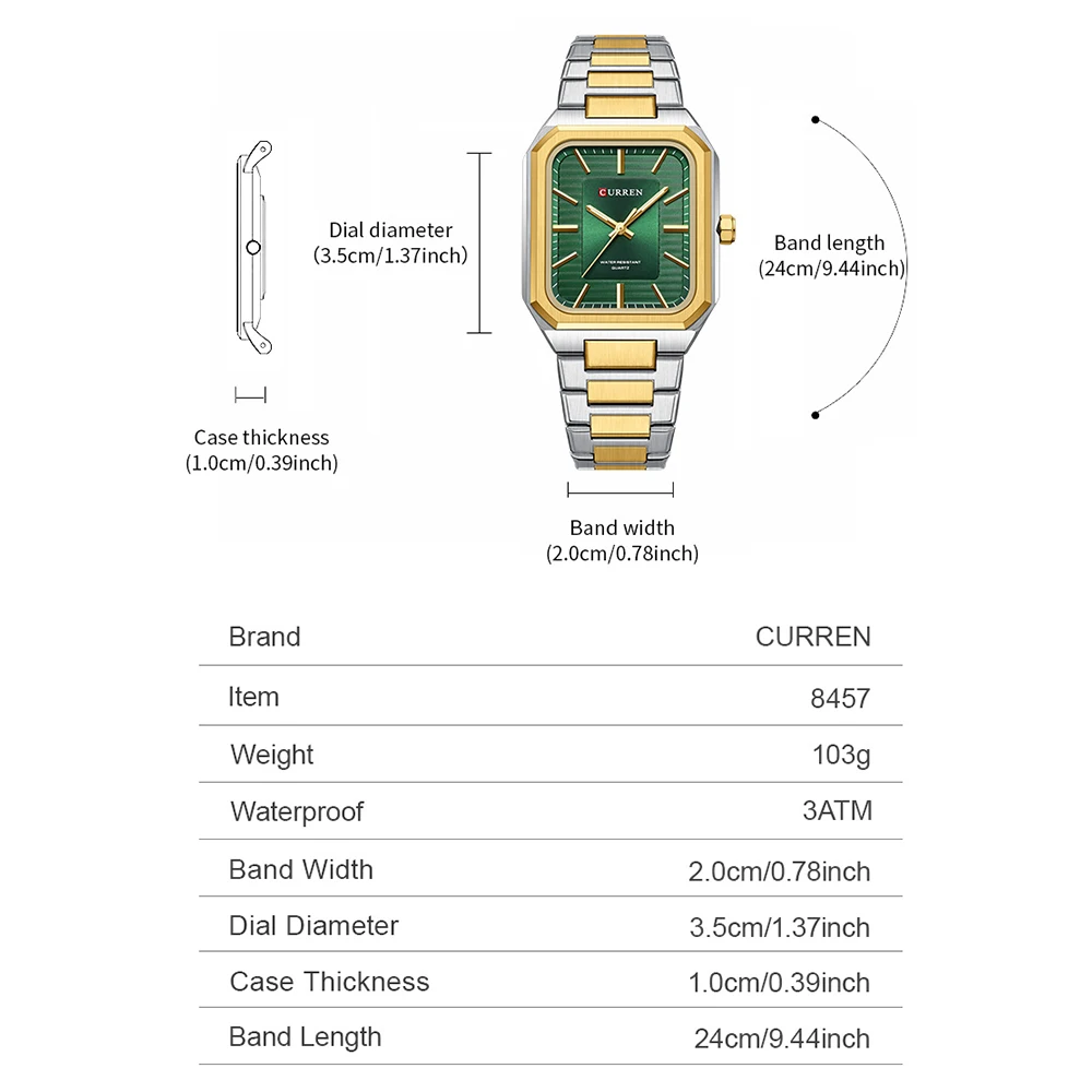 CURREN NEW Stainless Steel Strap Vintage Rectangle Dial Quartz Watches for Men Luminous Hands Waterproof - Image 3