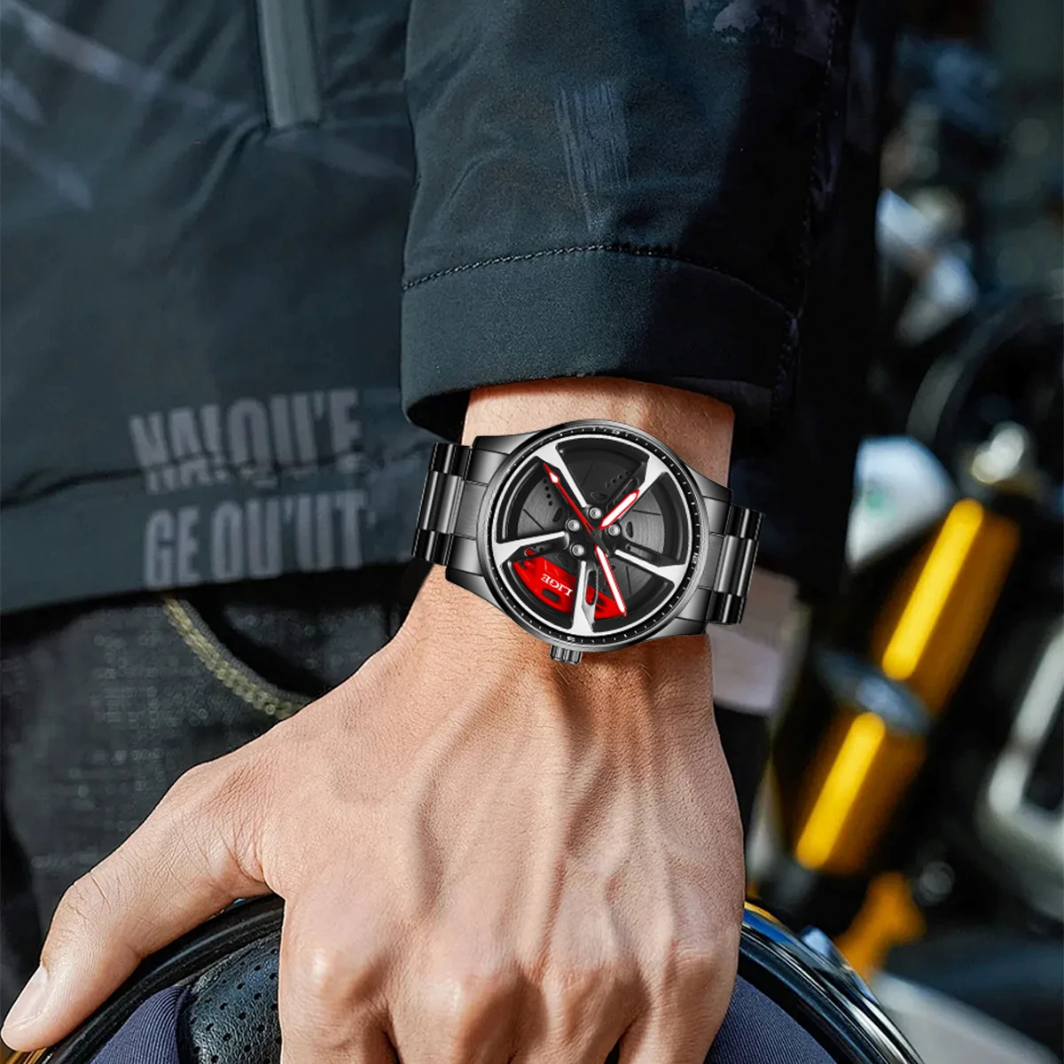 LIGE New Sport 3d Car Wheel Rim Hub Watch Fashionable Rotating Dial Stainless Steel Strap Waterproof Quartz Watches reloj hombre - الصورة 5