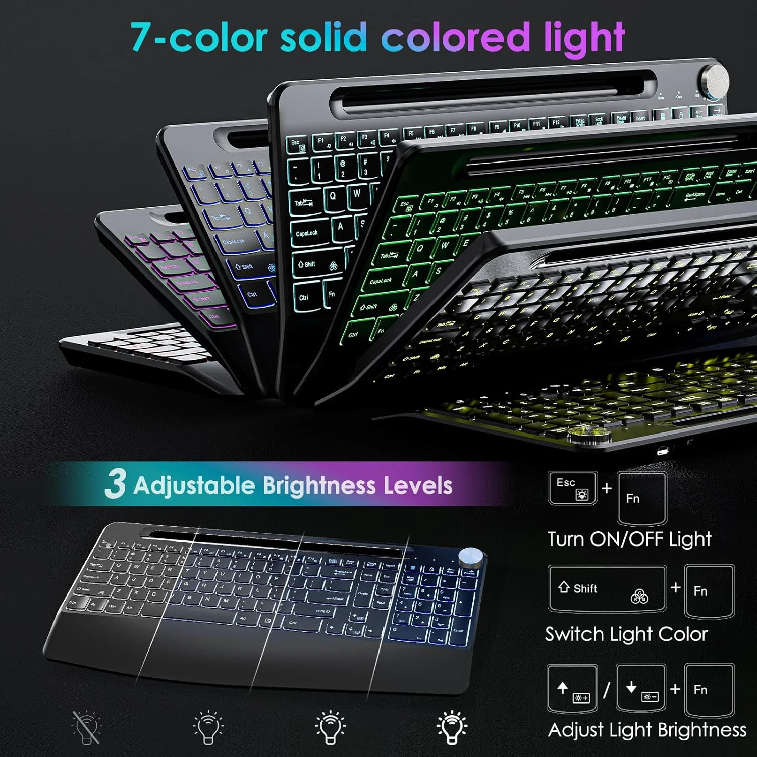 7 Colors Backlit Keyboard With Slot and Wrist Rest Volume Knob Keyboard Jiggle Mouse Set,Full Size Rechargeable Keyboard Set - Image 2