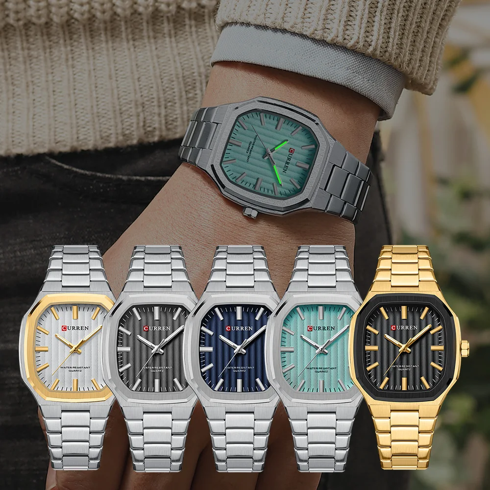 CURREN Luxury Business Square Quartz Watches Classic Stripe Design Dial with Stainless Steel Band Wristwatch for Men - الصورة 2