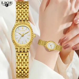 LIGE Golden Women Wristwatch Small Dial Ladies Gold Watch Bracelet Jewelry Quartz Lady Watch Compact Stylish Luxury Women Watch