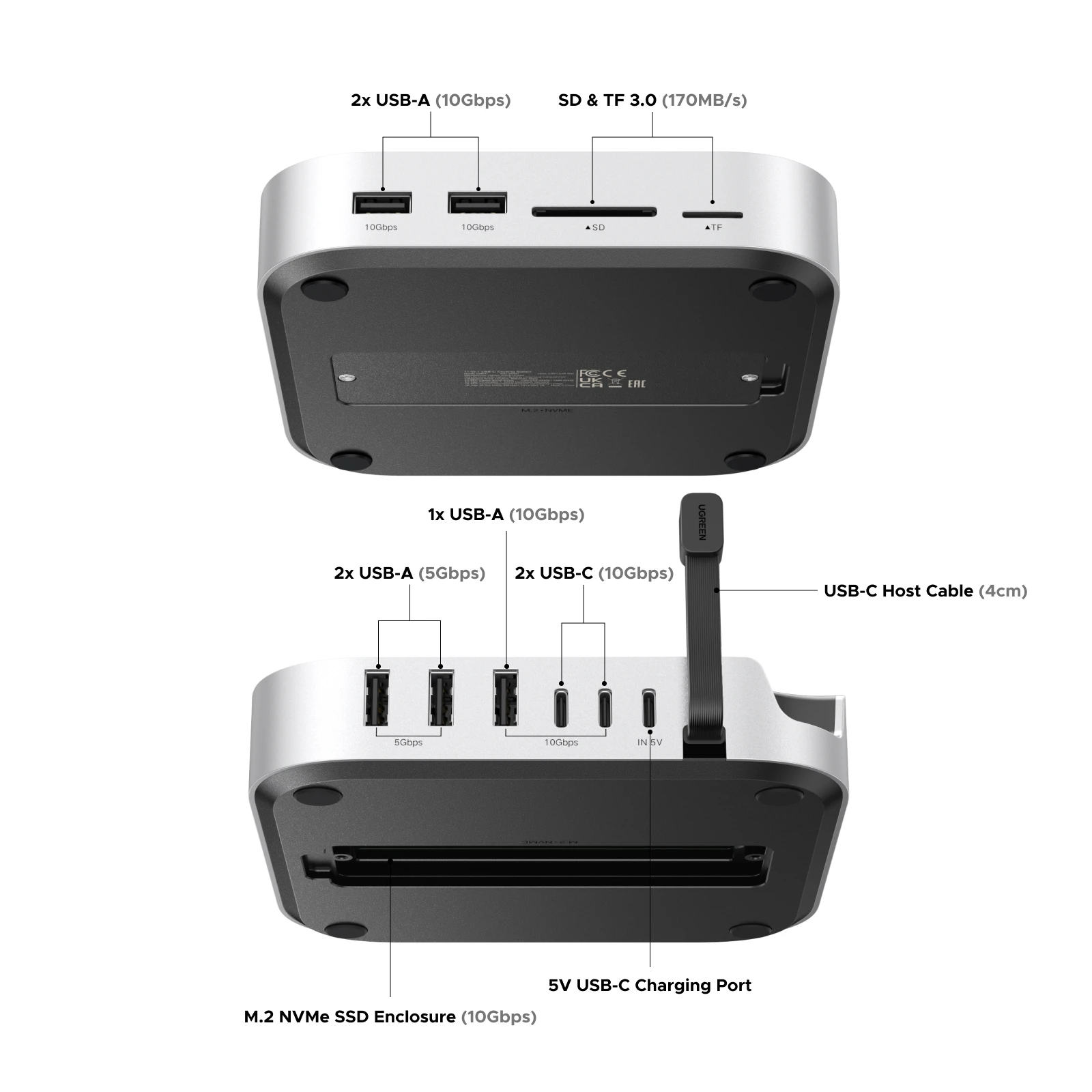 UGREEN USB HUB Docking Station for Mac Mini M4 M4 Pro M.2 NVMe SSD 8TB Max 10Gbps USB-A&C Ports SD&TF 170MB/s USB Splitter Dock - Image 2