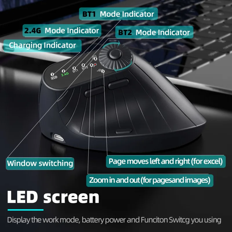Multi-Device Vertical Ergonomic Mouse With Function Adjustment Kno Rechargeable 2.4G Bluetooth Wireless Mouse for PC Tablet - الصورة 3