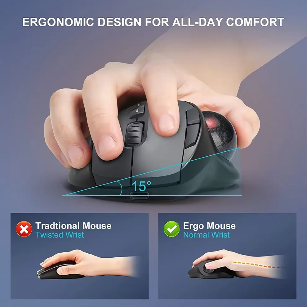 2400DPI Trackball Mouse ,2.4G & Bluetooth Rechargeable Mouse with EVA Case Bag Vertical Ergonomic Mice for Laptop iPad Mackbook - Image 2