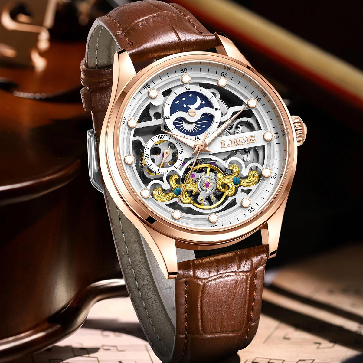 New LIGE Skeleton Mechanical Automatic Watch Men Tourbillon Sport Clock Watches Casual Business Moon Wrist Watch Relojes Hombre - الصورة 2