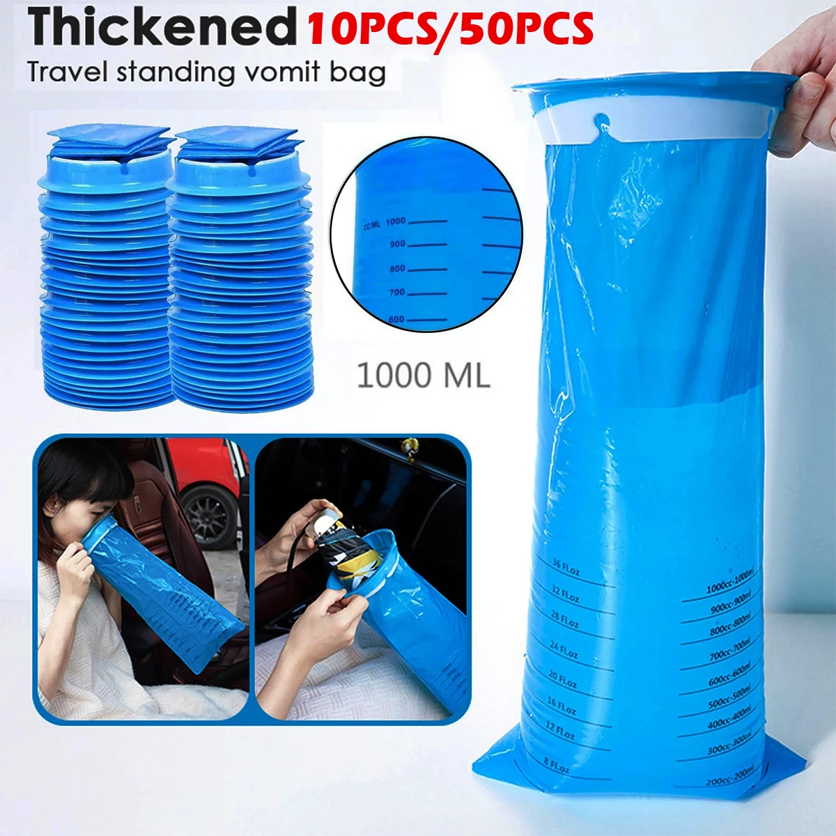 1000ml Vomit Bags Disposable Barf Bags Puke Nausea Bags for Travel Plane Motion Sickness Car Aircraft Bus Kids Pregnant