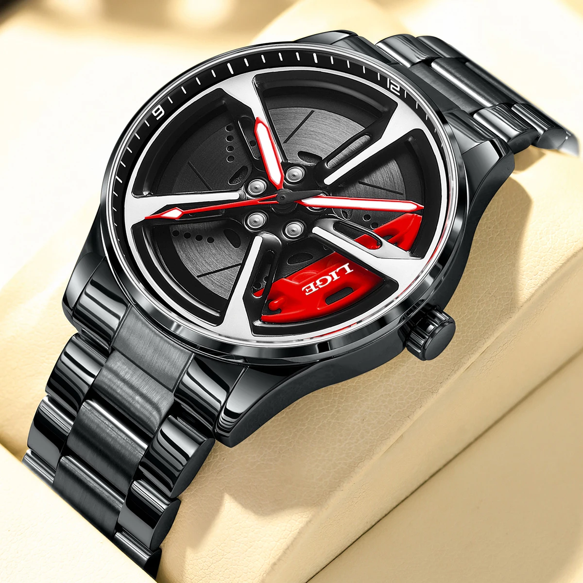 LIGE New Sport 3d Car Wheel Rim Hub Watch Fashionable Rotating Dial Stainless Steel Strap Waterproof Quartz Watches reloj hombre - الصورة 6