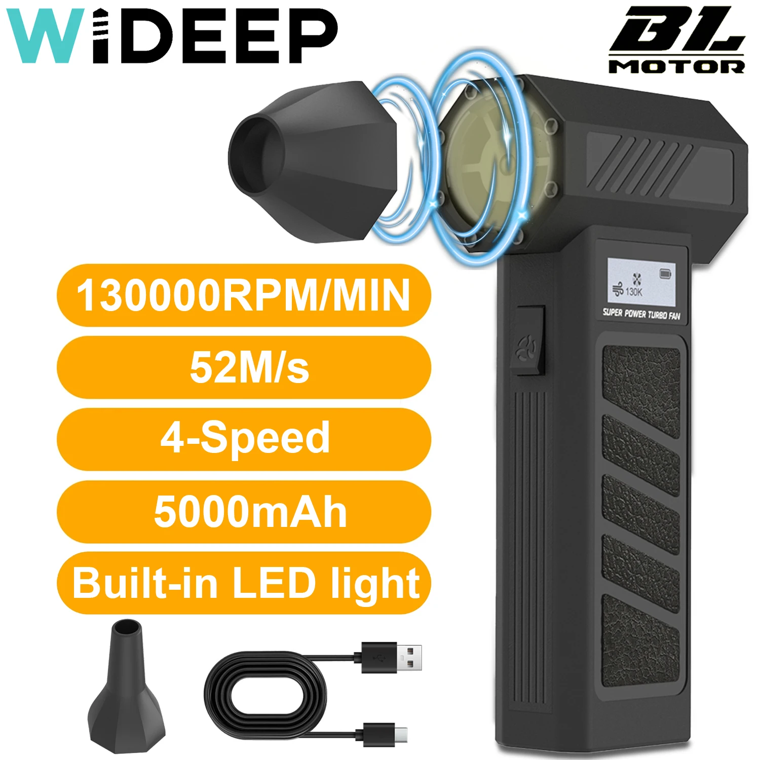 BBQ Mini Air Blower 130000 RPM Handheld Electric Turbo Jet Fan 52m/s Wind Speed Brushless Motor Violent Fan with LED Display