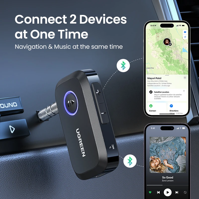UGREEN Bluetooth Car Receiver Adapter 3.5mm AUX Jacks for Car Speakers Audio Music Receiver Hands Free Bluetooth 5.3 Adapter - Image 2