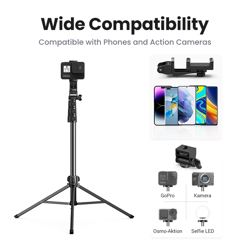 UGREEN 1.7m Phone Tripod Stand For Gopro iPhone Samsung Xiaomi Foldable Aluminum Phone Holder Universal Travel Tripode Holder - الصورة 3
