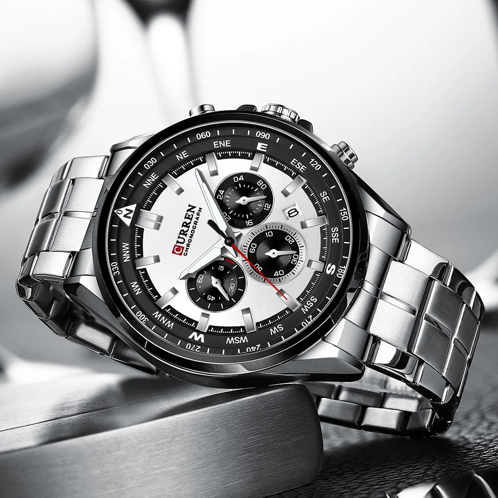 CURREN Luxury Brand Watches for Men Casual Sporty Quartz Wristwatch with 316 Stainless Steel Band Chronograph Clock Male Silver - الصورة 3