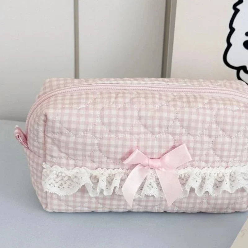 Cute Pink And Blue Checkered Lace Pencil Case Quilted Large Capacity Stationery Organizer For School Office Supplies Stor - الصورة 5