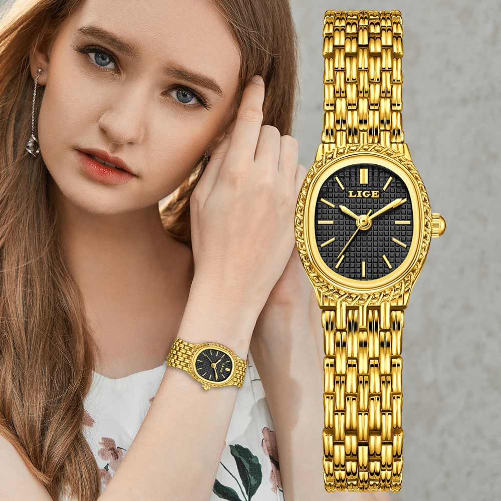 LIGE Golden Women Wristwatch Small Dial Ladies Gold Watch Bracelet Jewelry Quartz Lady Watch Compact Stylish Luxury Women Watch