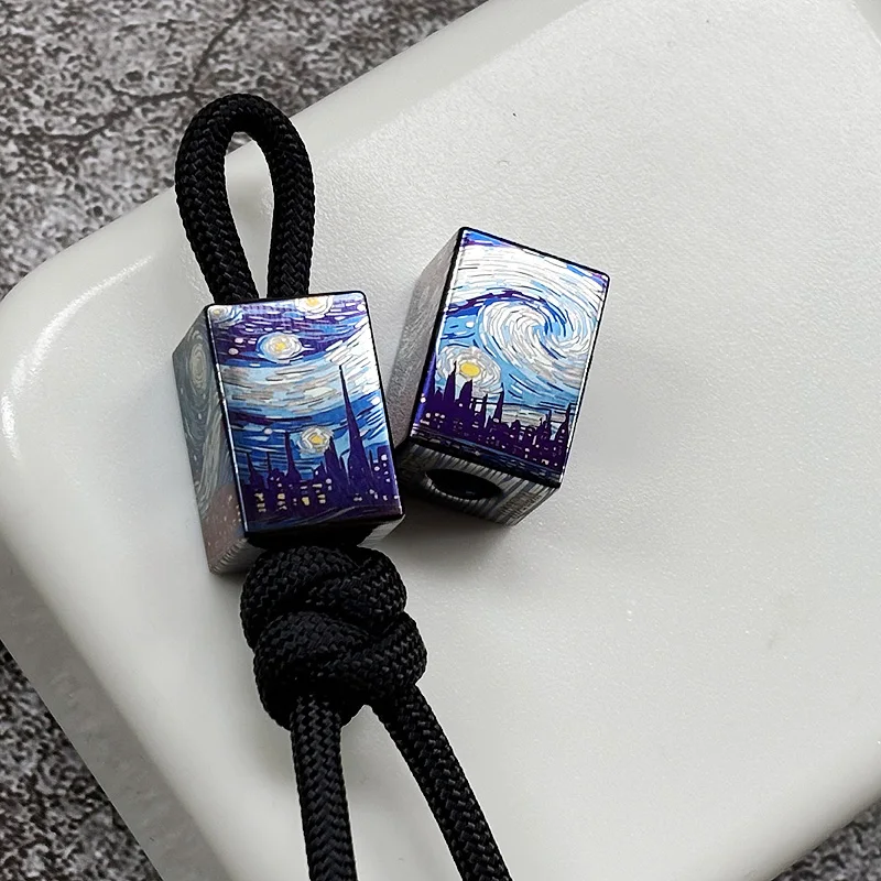 1PC Van Gogh Starry Night Titanium Alloy EDC Knife Bead Paracord Bead Flashlight Key Chain Stress Relief Push Card Pendant