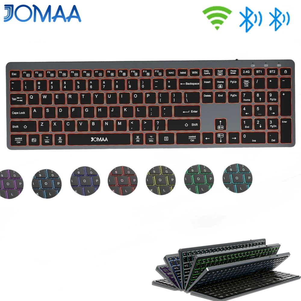 JOMAA Full Size Backlight Wireless Keyboard,2.4G & Dual Bluetooth,Ultra-Thin,Rechargeable Silent Keyboard for PC,Computer Laptop