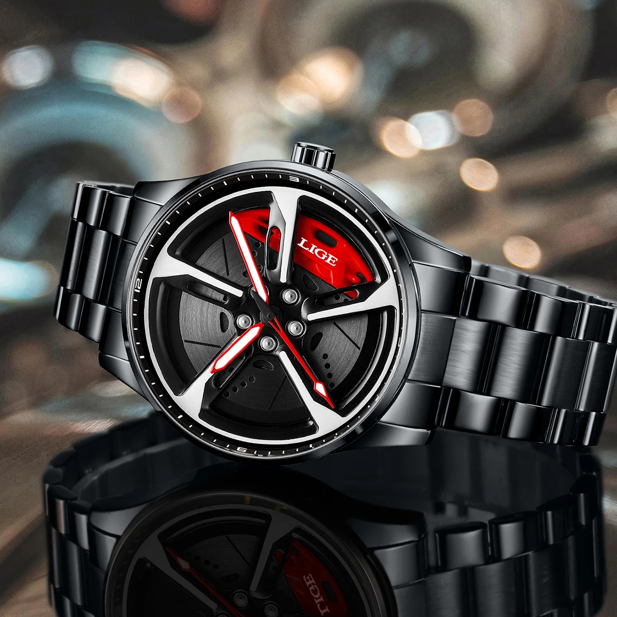 LIGE New Sport 3d Car Wheel Rim Hub Watch Fashionable Rotating Dial Stainless Steel Strap Waterproof Quartz Watches reloj hombre - الصورة 3