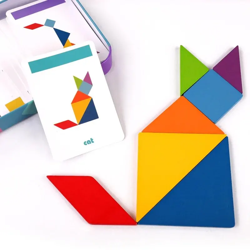Children's Wooden Colorful Tangram Iron Box Storage Jigsaw Puzzle Puzzle Early Education Intelligence Number Letter Wooden Toys - الصورة 3