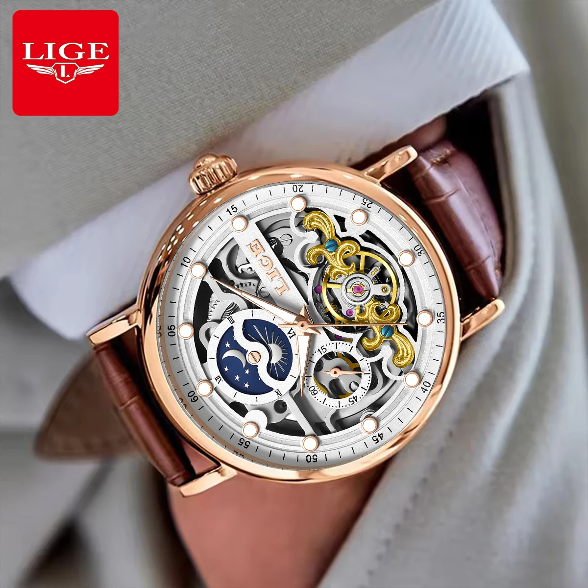 New LIGE Skeleton Mechanical Automatic Watch Men Tourbillon Sport Clock Watches Casual Business Moon Wrist Watch Relojes Hombre - الصورة 3