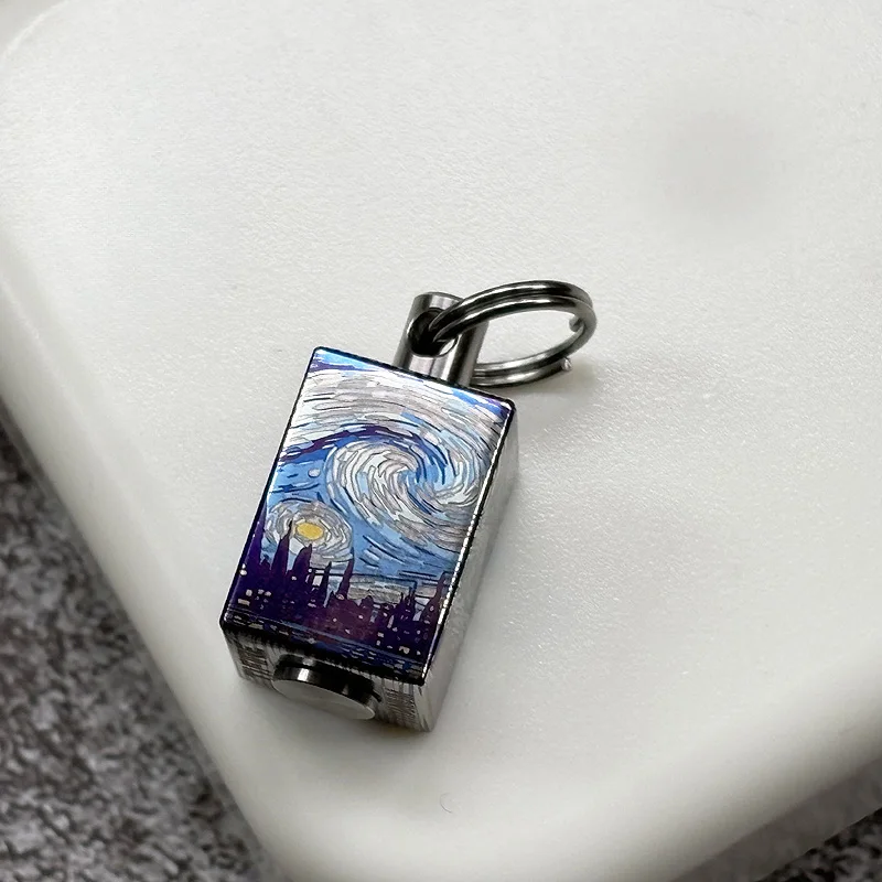 1PC Van Gogh Starry Night Titanium Alloy EDC Knife Bead Paracord Bead Flashlight Key Chain Stress Relief Push Card Pendant - الصورة 4