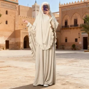 Eid Women Prayer Garment 2 Piece Set Long Khimar with Dress Muslim Abaya Set Ramadan Hijab Sets Niqab Jilbab Musulman Ensembles