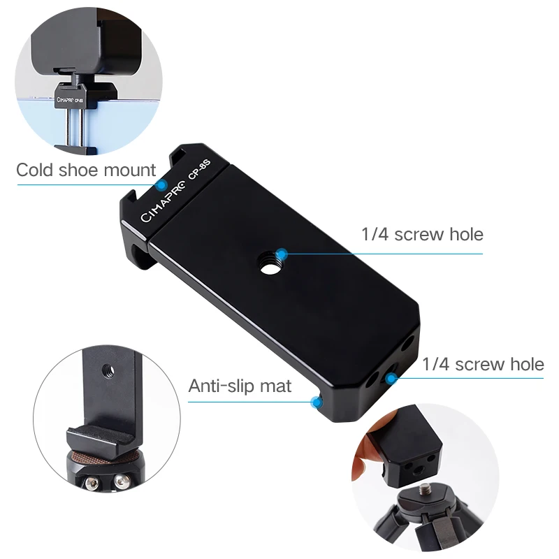 Cimapro Metal Phone Clip Camera Tripod Head Desktop Stand Professional Fixed Live Cold Shoe 1/4 Interface Expansion Accessory - الصورة 2