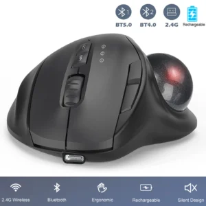 ماوس جوما الأسود اللاسلكي تراكبول مزدوج (2.4G وبلوتوث) قابل لإعادة الشحن بتصميم مريح للتحكم بالإبهام والألعاب
