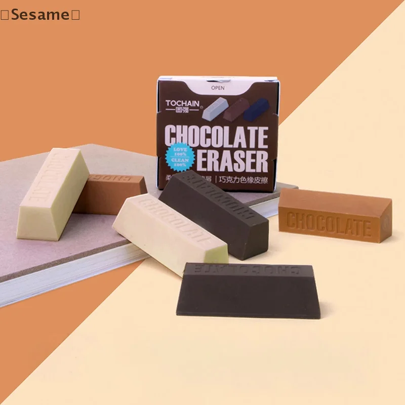 〔Sesame〕3pcs Chocolate Design Eraser Large Eraser Student Painting Writing Pencil Eraser Stationery School Office Supplies - الصورة 3