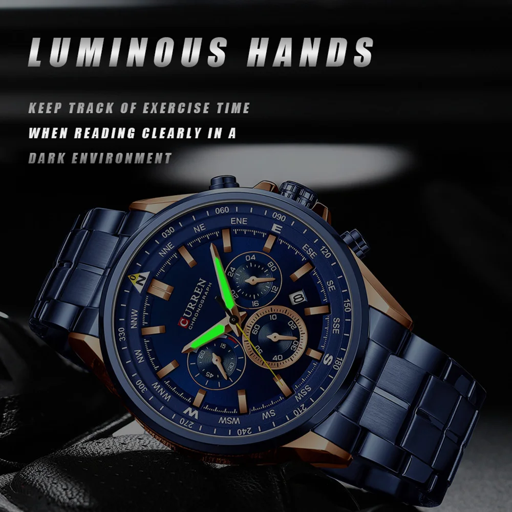 CURREN Luxury Brand Watches for Men Casual Sporty Quartz Wristwatch with 316 Stainless Steel Band Chronograph Clock Male Silver - الصورة 5