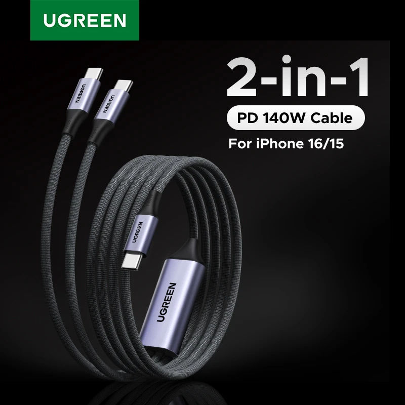 UGREEN 2-in-1 USB C to USB C Cable PD140W Max Type-C Cable Fast Charging for MacBook Laptop iPhone16/15 iPad Accessories 1.5M/2M